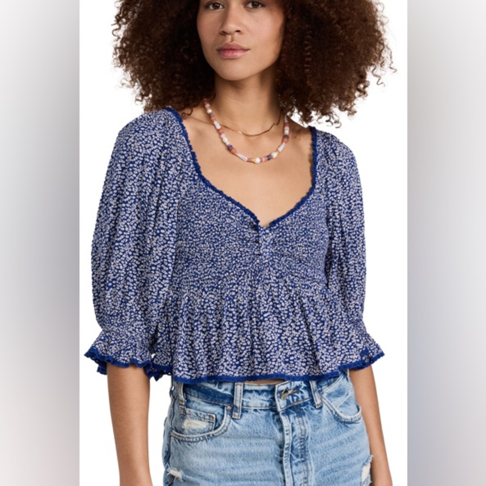 Free People Brittnee Print Smocked Back Peplum Top in Blue Combo Size‎ XS